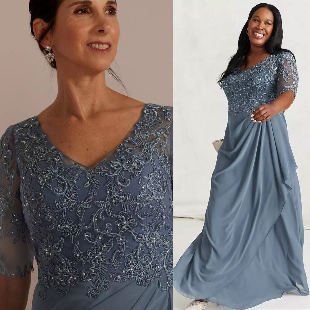 Oleg Cassini Steel Blue Chiffon & Lace Empire Waist Beaded Gown - Picture 2 of 10